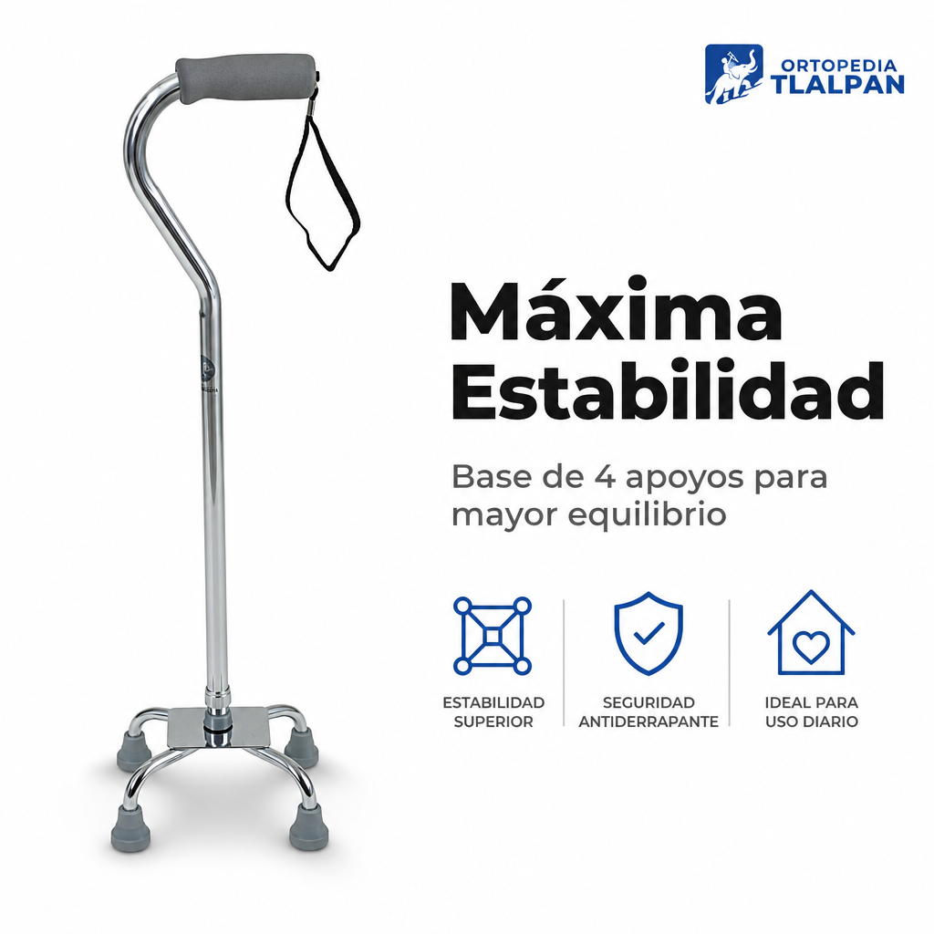 Bastón de 4 Apoyos Importado de Aluminio Ajustable para Adultos Mayores | Bastón Cuádruple Antiderrapante