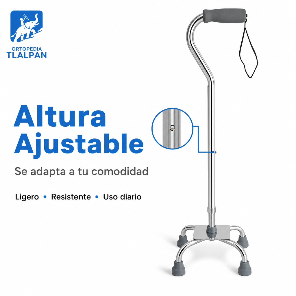 Bastón de 4 Apoyos Importado de Aluminio Ajustable para Adultos Mayores | Bastón Cuádruple Antiderrapante