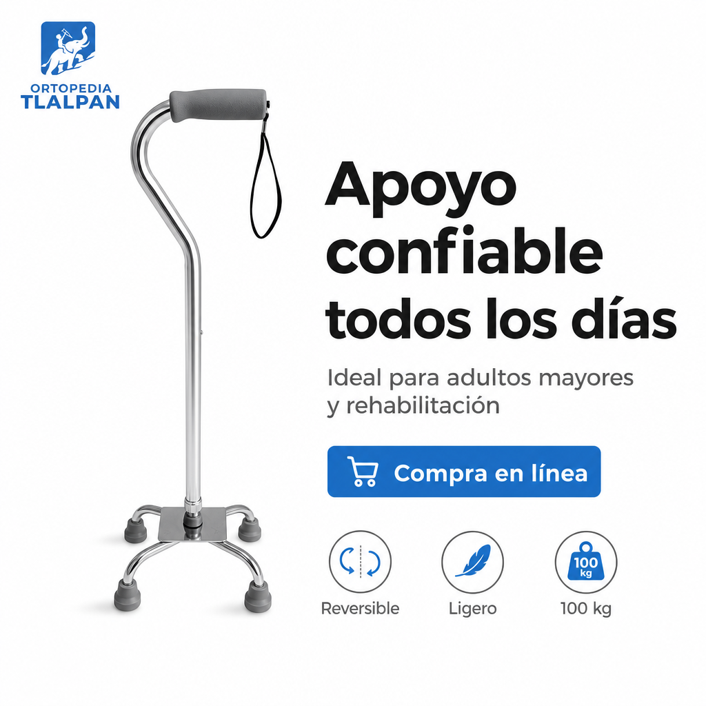 Bastón de 4 Apoyos Importado de Aluminio Ajustable para Adultos Mayores | Bastón Cuádruple Antiderrapante