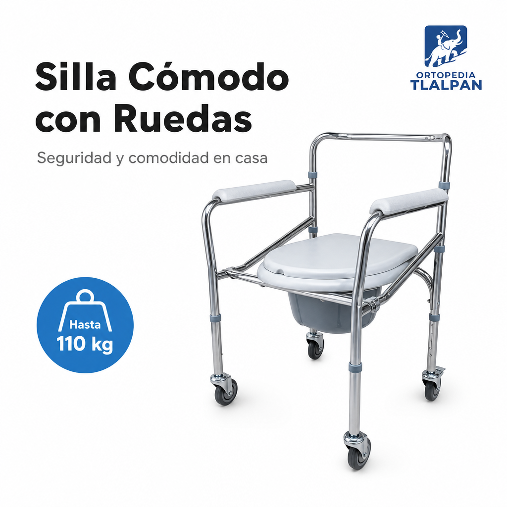 Silla Cómodo con Ruedas Plegable Cromada | Silla Sanitaria Ortopédica para Baño y Traslado