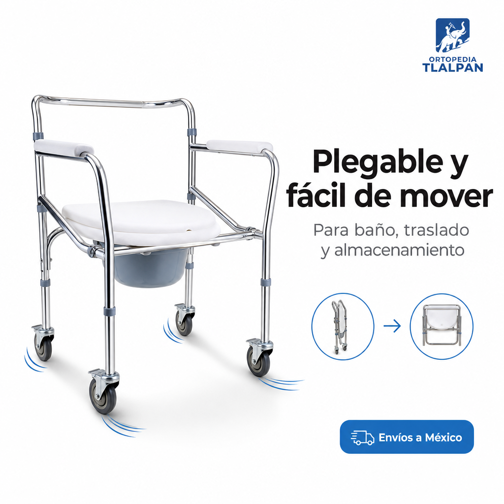 Silla Cómodo con Ruedas Plegable Cromada | Silla Sanitaria Ortopédica para Baño y Traslado