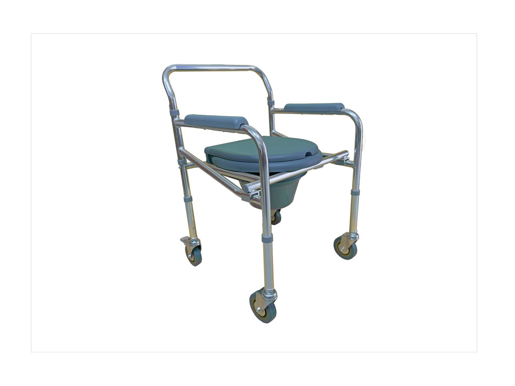 Silla Cómodo con Ruedas Plegable Cromada | Silla Sanitaria Ortopédica para Baño y Traslado