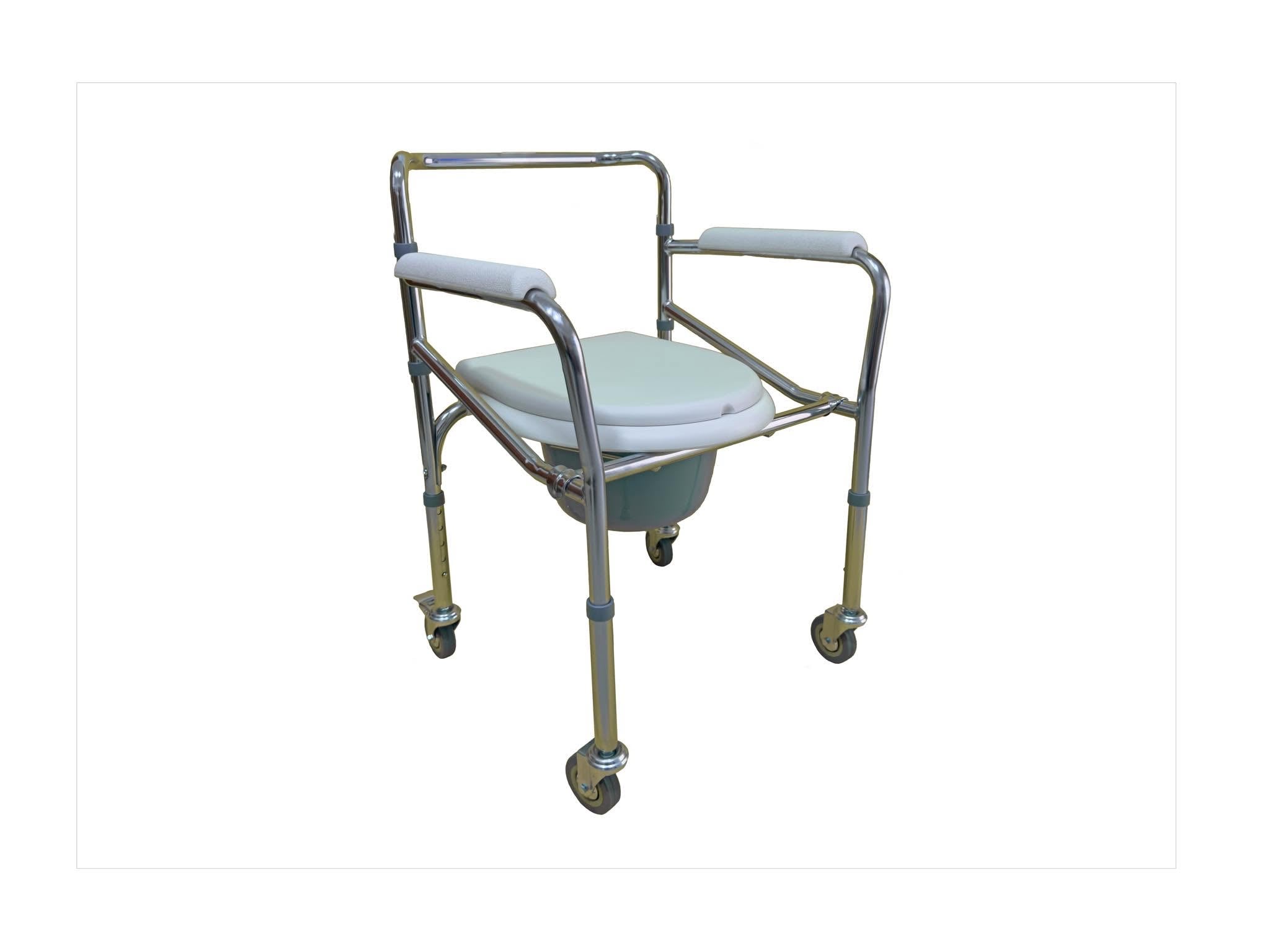 Silla Cómodo con Ruedas Plegable Cromada | Silla Sanitaria Ortopédica para Baño y Traslado